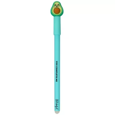 Caneta azul clara com decoração de abacate e texto inspirador.