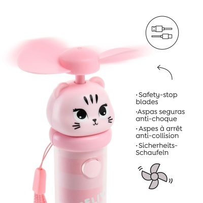 Ventoinha portátil rosa com aspas e cabeça de gato