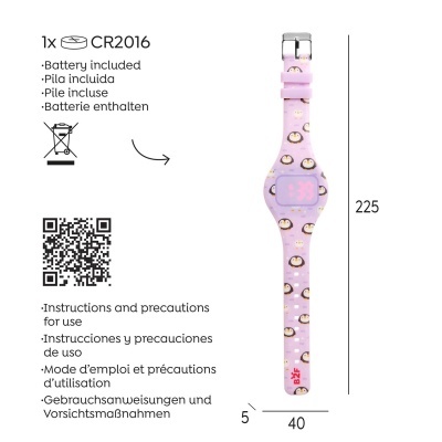 Relógio digital infantil roxo com estampado de pinguins e visor LED