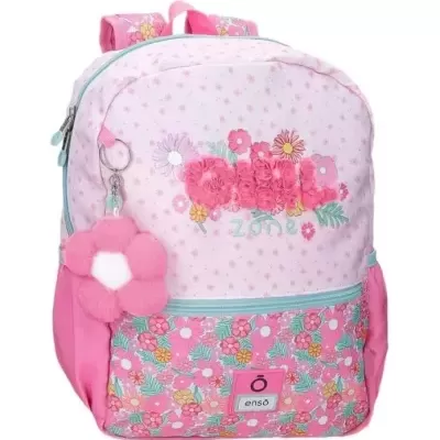 Mochila rosa floral com chaveiro e etiqueta ensó