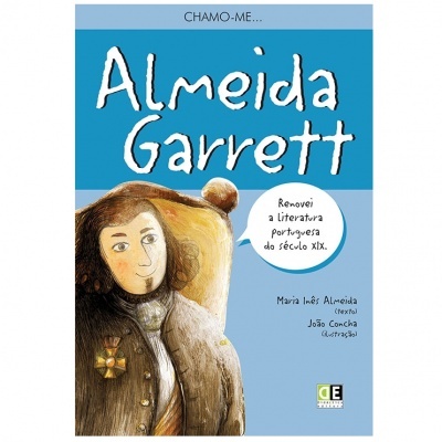 Capa de livro azul com título Almeida Garrett e ilustração de personagem com casaco castanho.