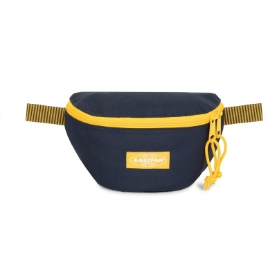 Pochete azul escuro com fecho amarelo e etiqueta Eastpak amarela
