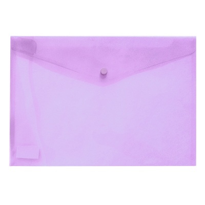 Envelope plástico roxo translúcido com fecho de botão branco