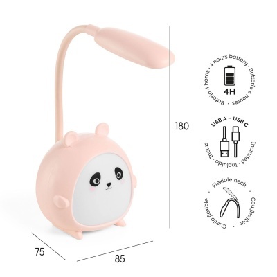 Candeeiro de mesa rosa em forma de panda com haste flexível