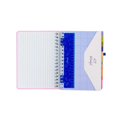 Caderno de argolas com páginas interiores com linhas e separadores coloridos