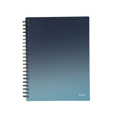 Caderno espiral com capa azul em degradé e logótipo fegol