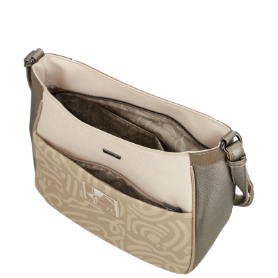 Mala de ombro bege e castanha com padrão abstrato e fecho de correr