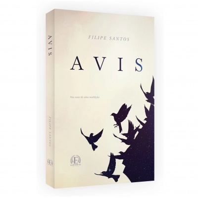 Livro AVIS de Filipe Santos com capa branca e desenho de pássaros pretos em voo.