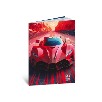 Caderno com capa ilustrada de carro desportivo vermelho em estrada entre falésias