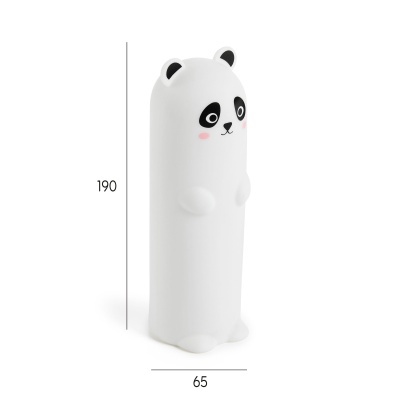 Figura decorativa em forma de panda branco com olhos pretos e bochechas cor de rosa