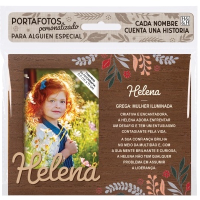 Porta-fotos personalizado com foto e texto decorativo sobre o nome Helena