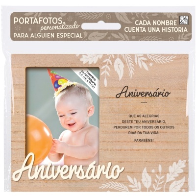 Porta-fotos de madeira personalizado para aniversário com fotografia de bebé e balão laranja