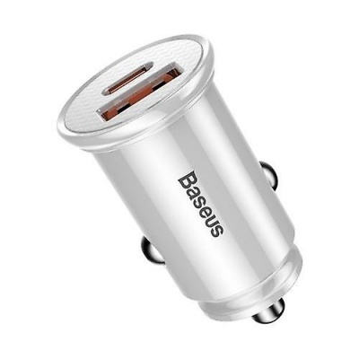 Carregador de carro Baseus prateado com duas portas USB tipo C