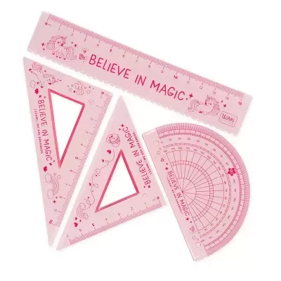 Conjunto de quatro réguas rosas com desenhos de unicórnios e texto 'BELIEVE IN MAGIC'