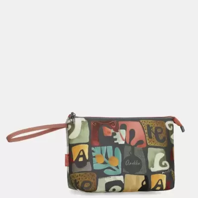 Bolsa de mão colorida com padrão abstrato e alça rosa