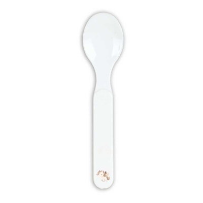 Colher de plástico branca com desenho de unicórnio castanho no cabo
