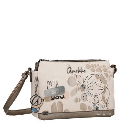 Mala de ombro Anekke bege com desenho ilustrativo e texto motivacional