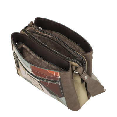 Mala de senhora com múltiplos compartimentos e padrão colorido