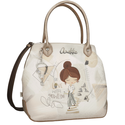 Mala de mão Anekke bege e castanha com desenho de personagem feminina e texto decorativo