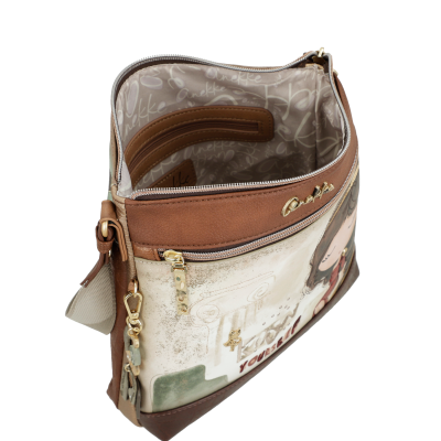 Mala de ombro castanha com fecho e forro estampado