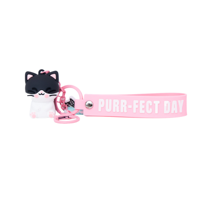 Porta-chaves de gato com fita rosa e texto PURR-FECT DAY.