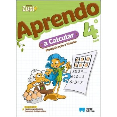 Capa de livro escolar 'Aprendo a Calcular 4.º ano' com personagens animadas e exercícios Matemáticos.