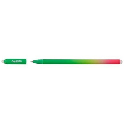 Caneta esferográfica verde para vermelho com tampa verde e texto carioca