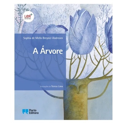 Capa do livro A Árvore com ilustração de árvore azul e texto em branco