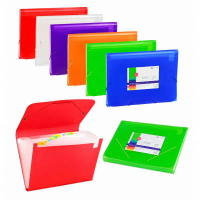 Conjunto colorido de pastas expansíveis em plástico com fecho elástico, transparentes em diferentes cores.