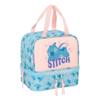 Bolsa térmica azul claro com personagens Stitch e alças rosa