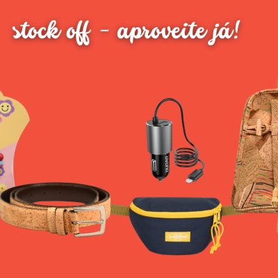 Produtos diversos para venda, incluindo bracelete DIY, cinto e acessórios em cortiça, mochila, carteira, carregador de carro e pochete azul com amarelo.