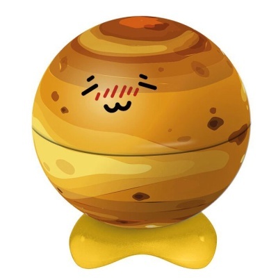 Objeto esférico castanho com padrão madeira e rosto kawaii sobre base amarela