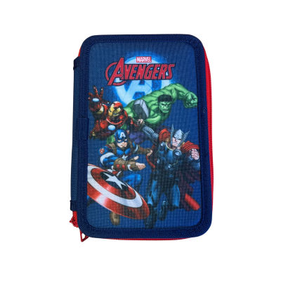 Estojo escolar azul e vermelho com estampa Avengers e super-heróis Marvel