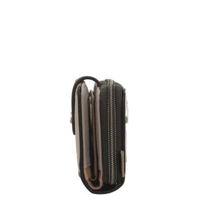 Carteira compacta bifold em pele sintética bege, castanho e preto com fecho de correr prateado