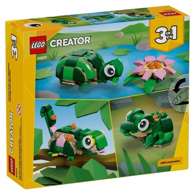 Caixa LEGO Creator 31377 com imagens de tartaruga, camaleão e sapo construídos em LEGO