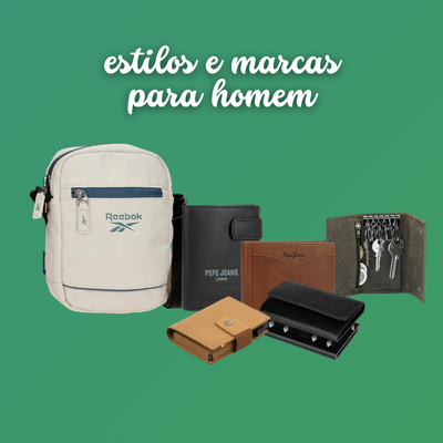 Bolsa Reebok branca, carteiras Pepe Jeans em preto e castanho, e porta-chaves em tecido castanho em fundo verde.