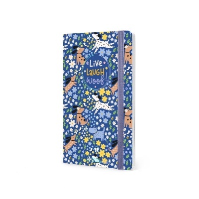 Caderno azul com padrão de cães e flores, texto 'LIVE LAUGH WOOF'