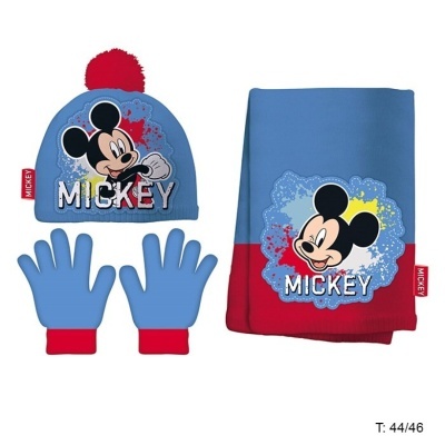 Conjunto infantil de inverno Mickey com gorro, luvas e cachecol azuis e vermelhos.