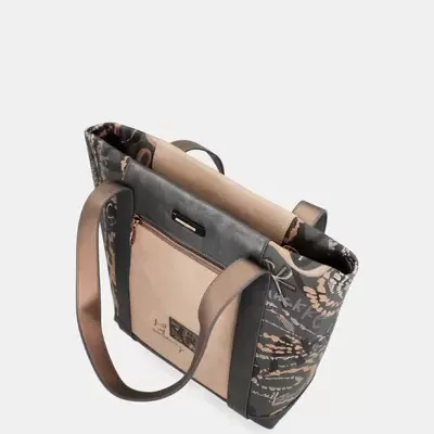 Saco de mão com padrão floral e abstracto preto e bege e alças castanhas