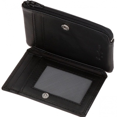 Carteira preta de couro com fecho e visor para cartão