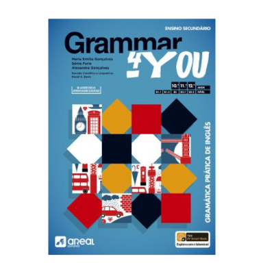Capa do livro Grammar + You azul com padrões coloridos e texto