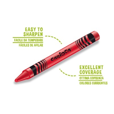 Lápis de cor grosso vermelho CARIOCA com riscas pretas e texto promocional em quatro idiomas.