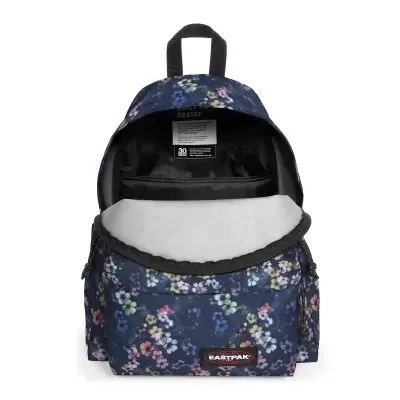 Mochila floral Eastpak azul escuro aberta com interior preto e bolso frontal