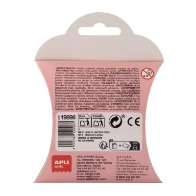 Embalagem APLI Kids rosa e branca com texto de advertência e instruções