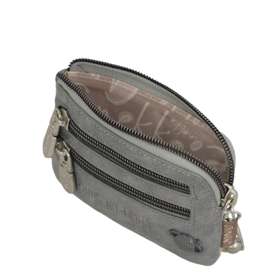 Carteira cinzenta com fechos zip e interior bege padrão escrita