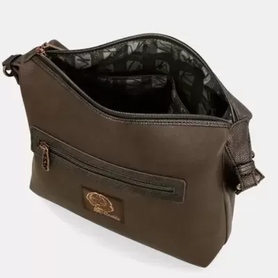 Bolsa castanha de material sintético com fecho de correr e bolso exterior