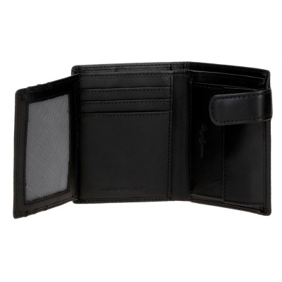 Carteira preta em pele genuína com fecho e compartimentos.