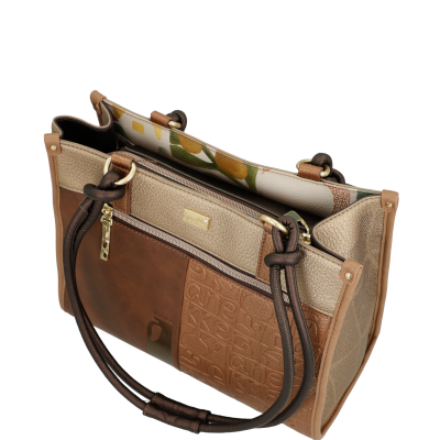 Mala de mão castanha e bege com alças escuras e padrão interior floral