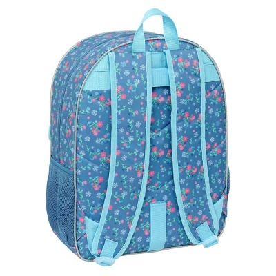 Mochila azul com padrão floral e alças azuis claras