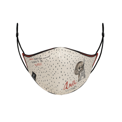 Máscara facial de tecido bege com ilustração e texto